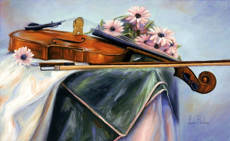 Violin with Flowers — Brown, Serene, Painting, Bow