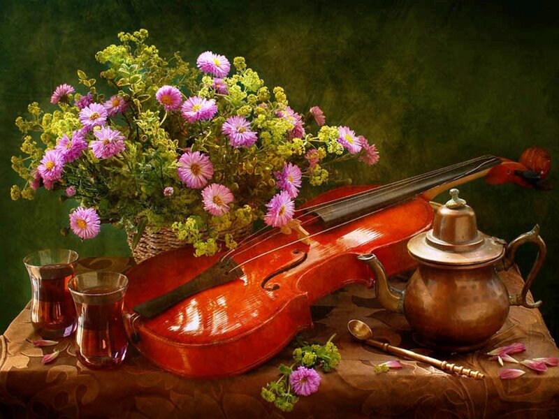 Violin with Flowers — Brown, Serene, Painting, Teapot, Glasses