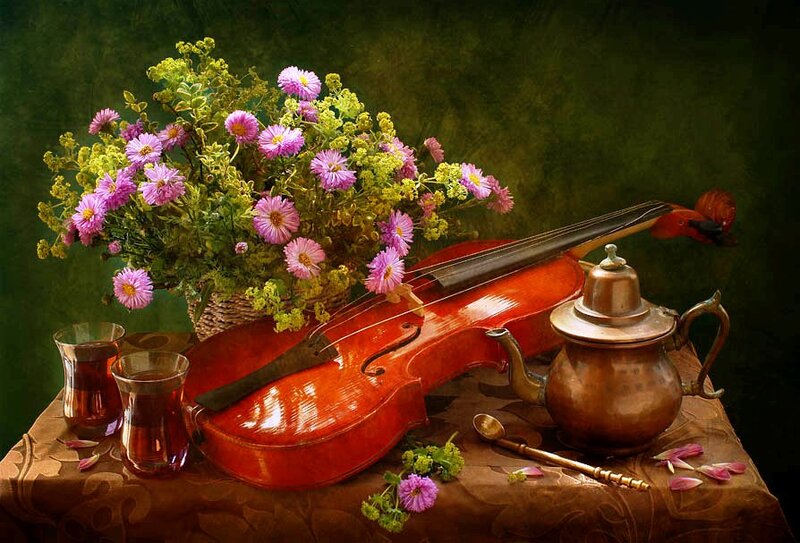 Violin with Flowers — Brown, Serene, Painting