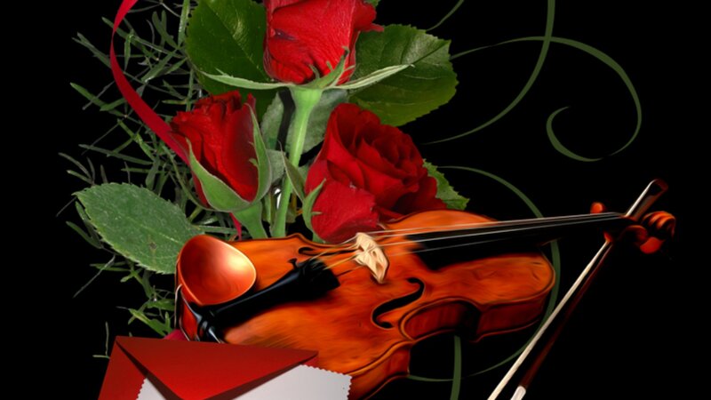 Violin with Red Roses — Romantic, Digital Art