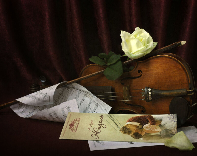 Violin with Rose and Sheet Music — Brown
