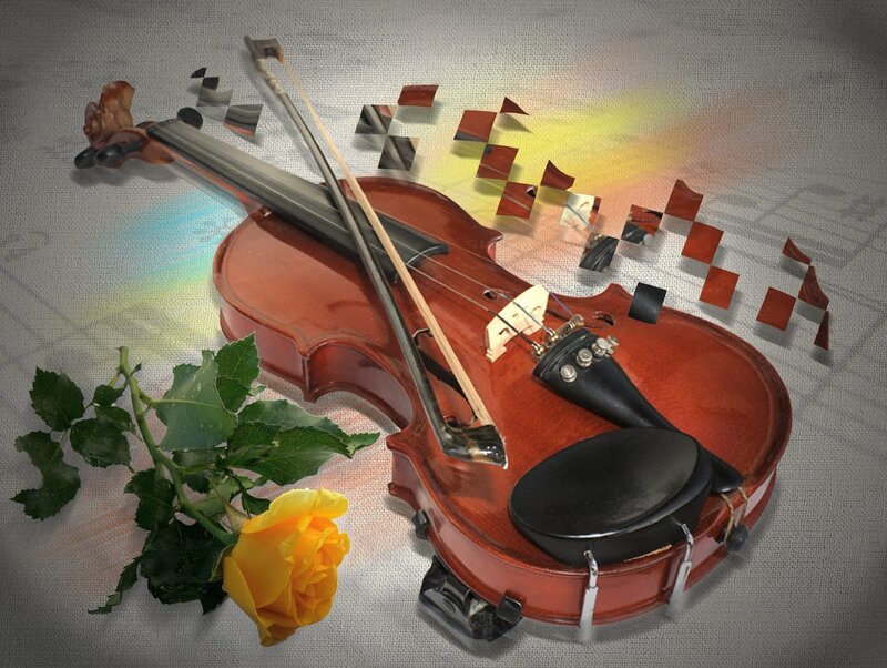 Violin with Rose — Brown, Dramatic, Digital Art