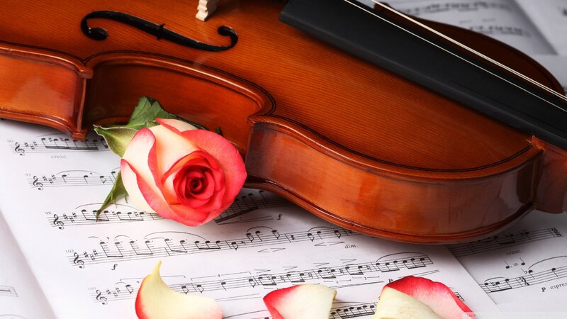 Violin with rose on sheet music