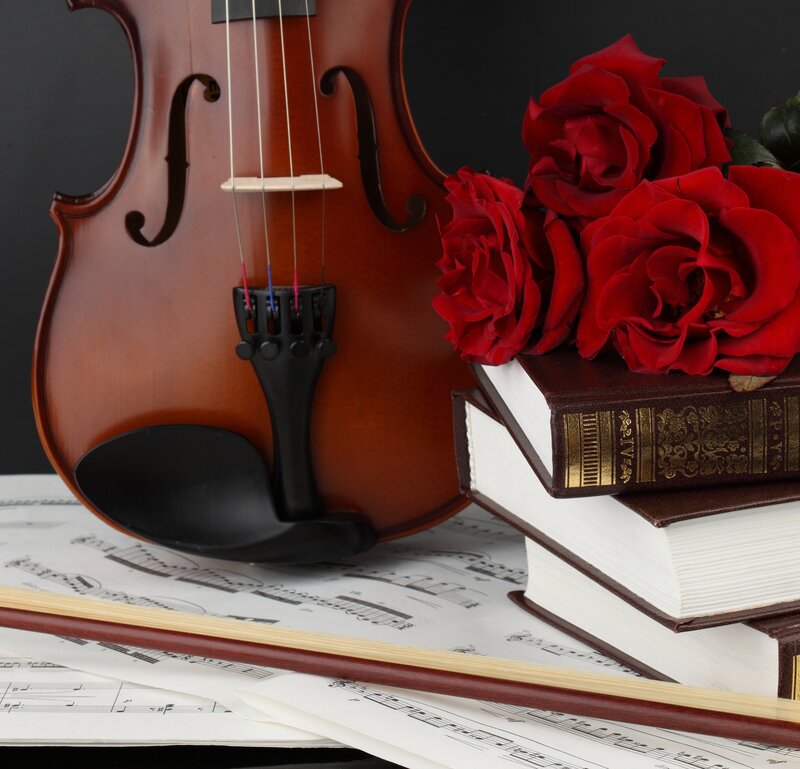 Violin with Roses and Books