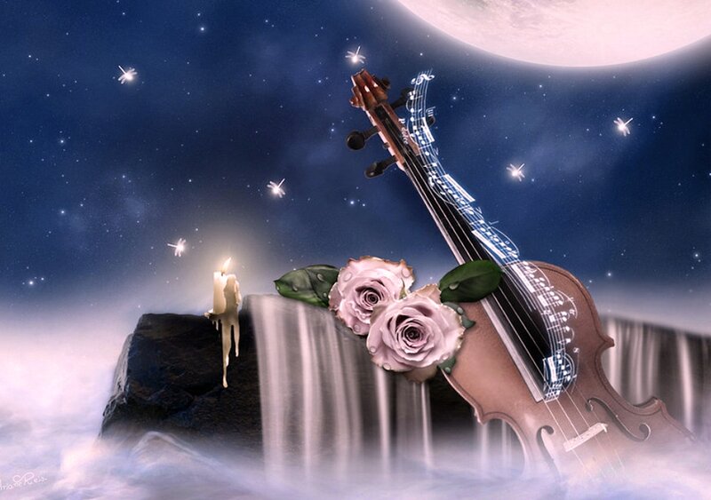 Violin with Roses — Blue, Serene, Night, Digital Art