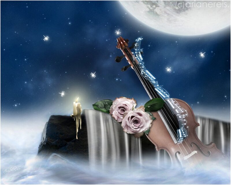 Violin with Roses — Blue, Serene, Night