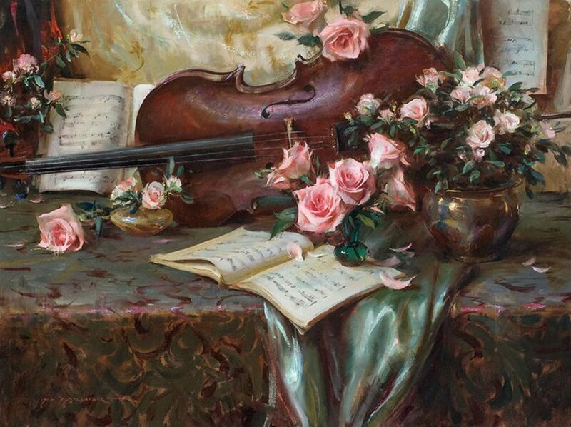 Violin with Roses — Pink, Serene