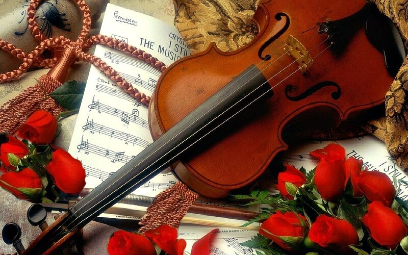 Violin with Roses — Red, Romantic, Photograph, Sheet Music, Tassel