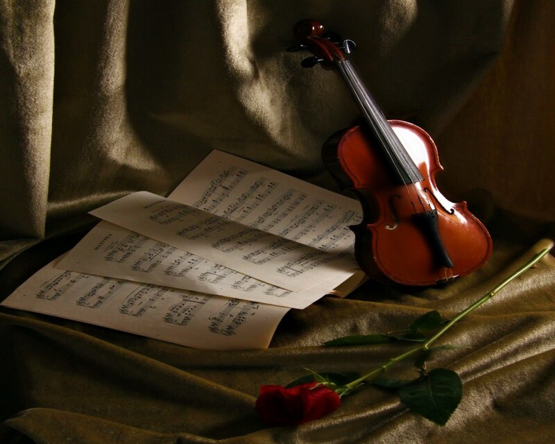 Violin with Sheet Music — Brown, Dramatic