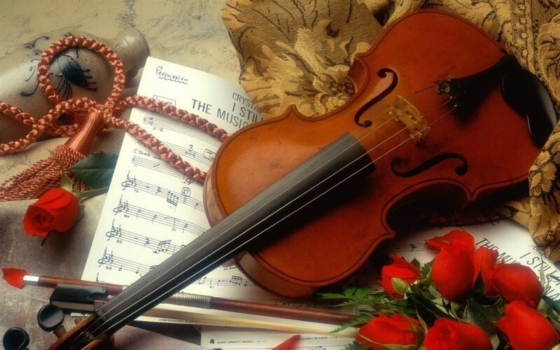 Violin with Sheet Music — Brown, Romantic, Photograph