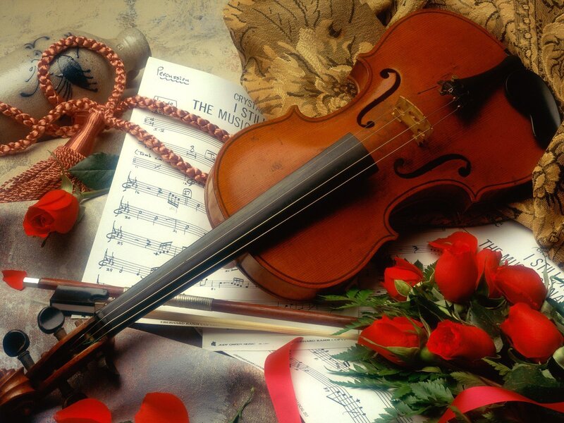 Violin with Sheet Music — Brown, Serene, Photograph