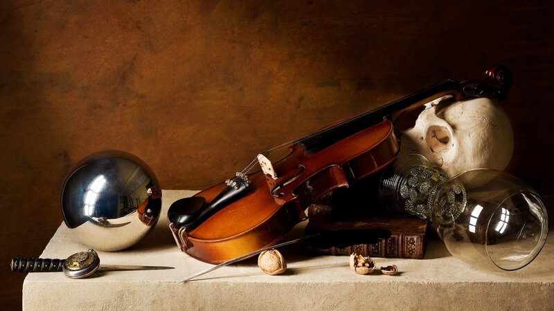 Violin with Skull and Objects — Brown