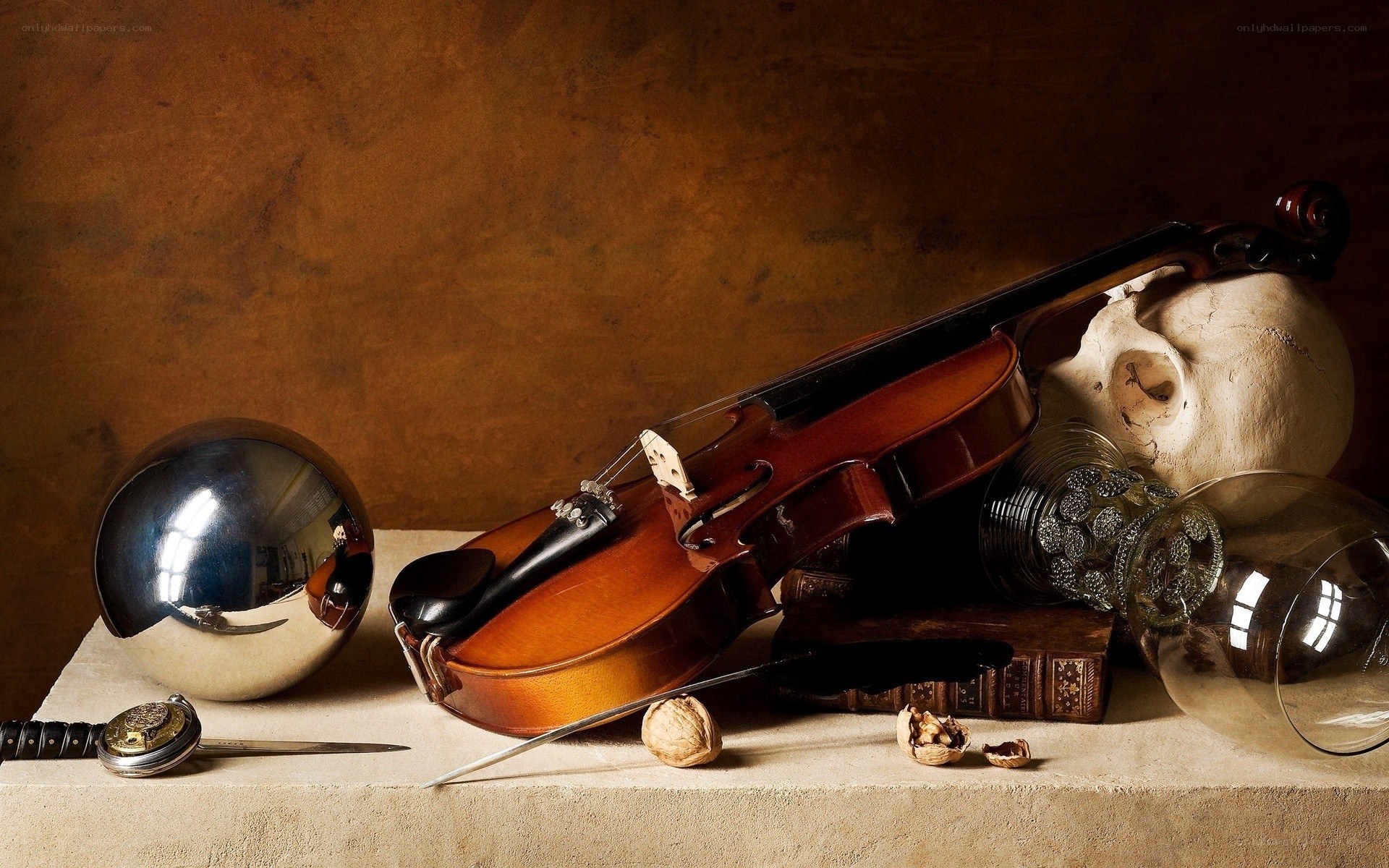 Violin with skull and objects