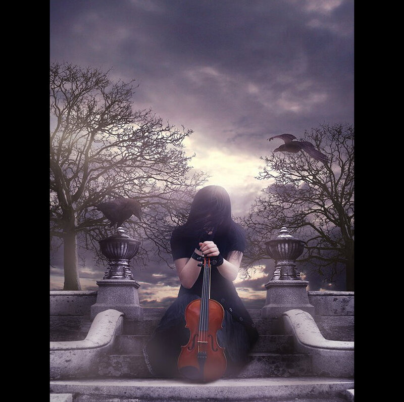 Violinist in a gloomy garden