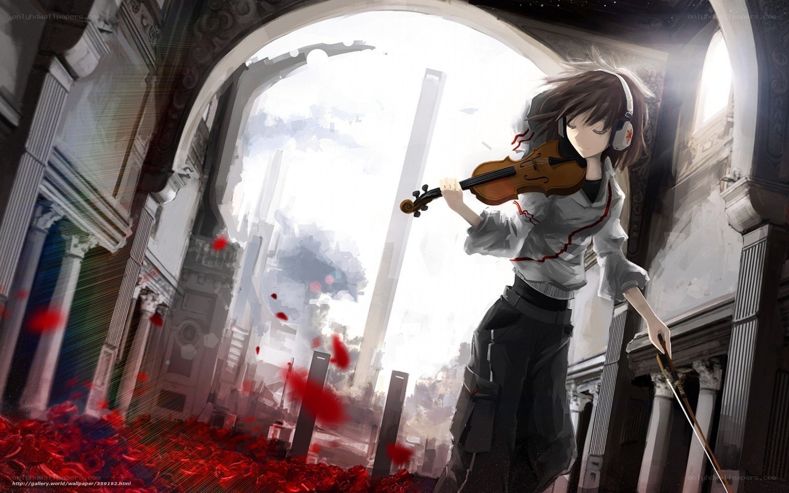 Violinist in a ruined hall