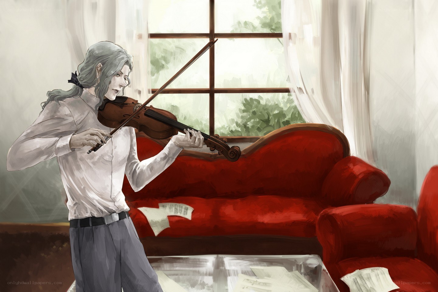 Violinist in a sunlit room
