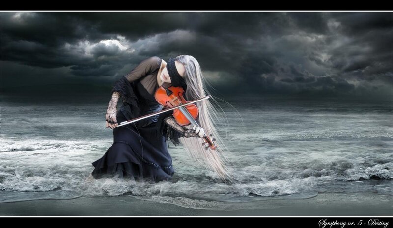 Violinist in stormy sea
