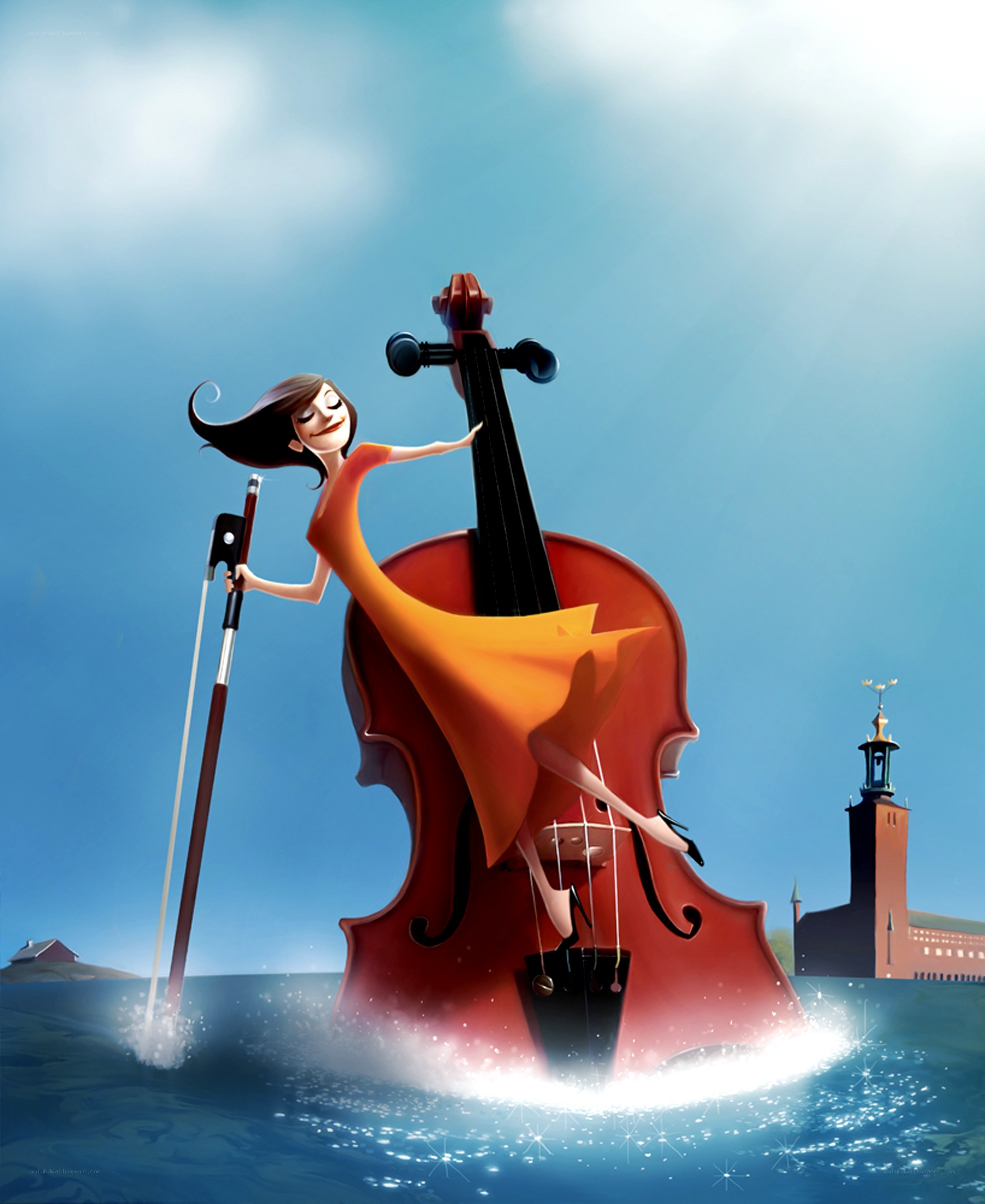 violinist on giant cello