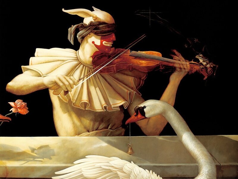 Violinist with swan and rose