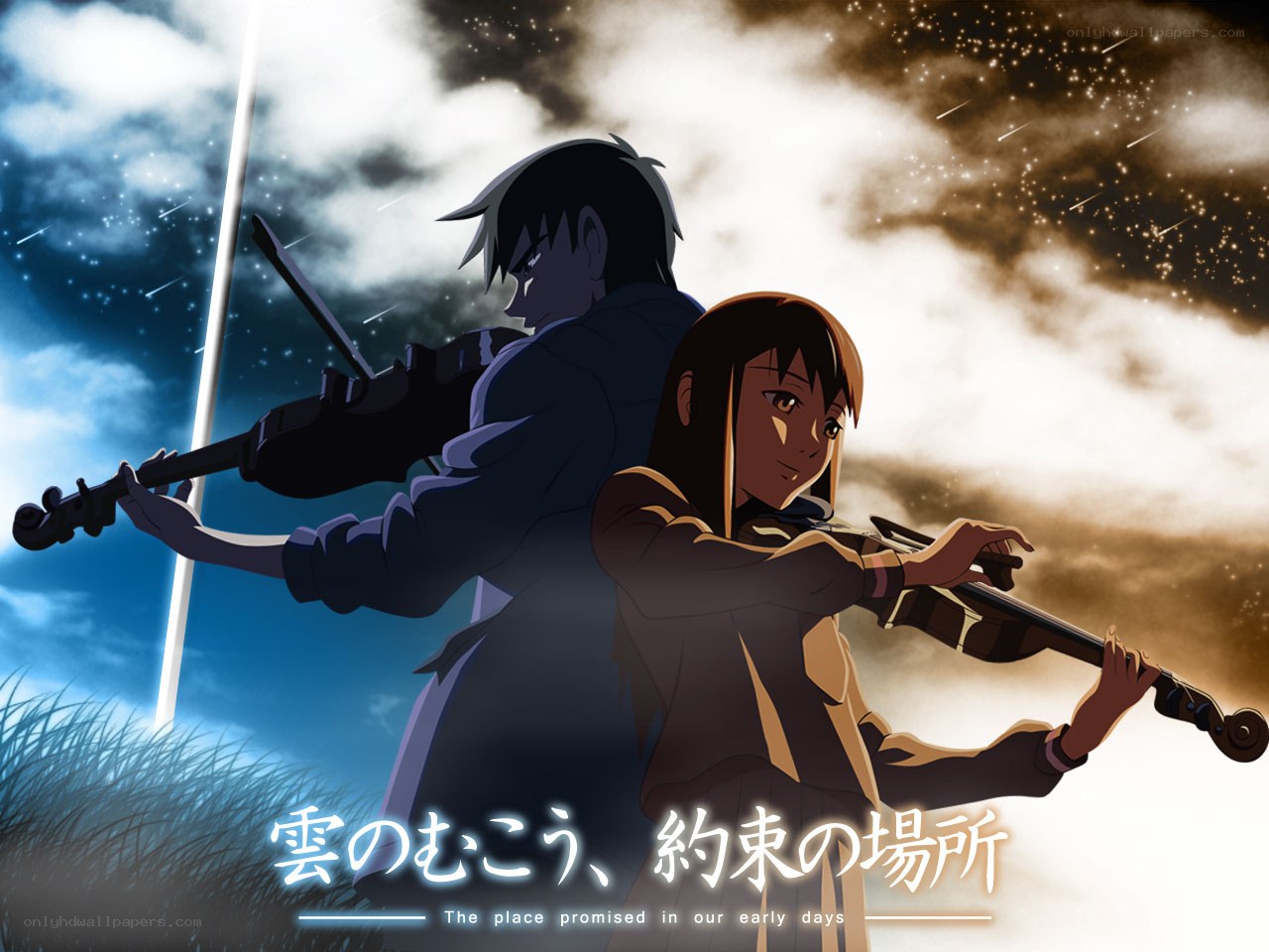 Violinists under a starry sky