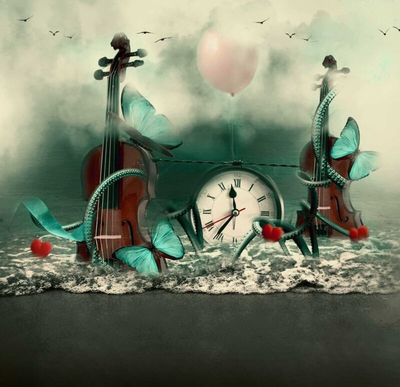 Violins and Clock in Water