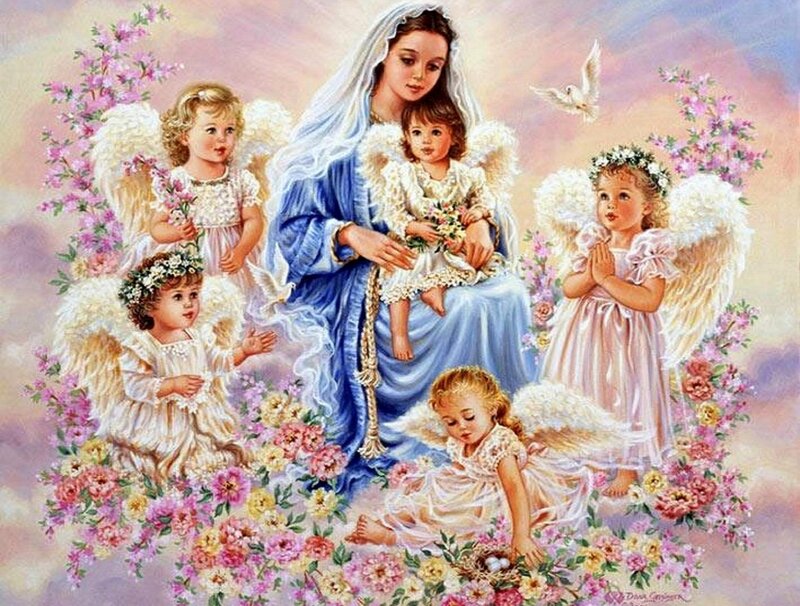 Virgin Mary with Angels — Blue, Serene
