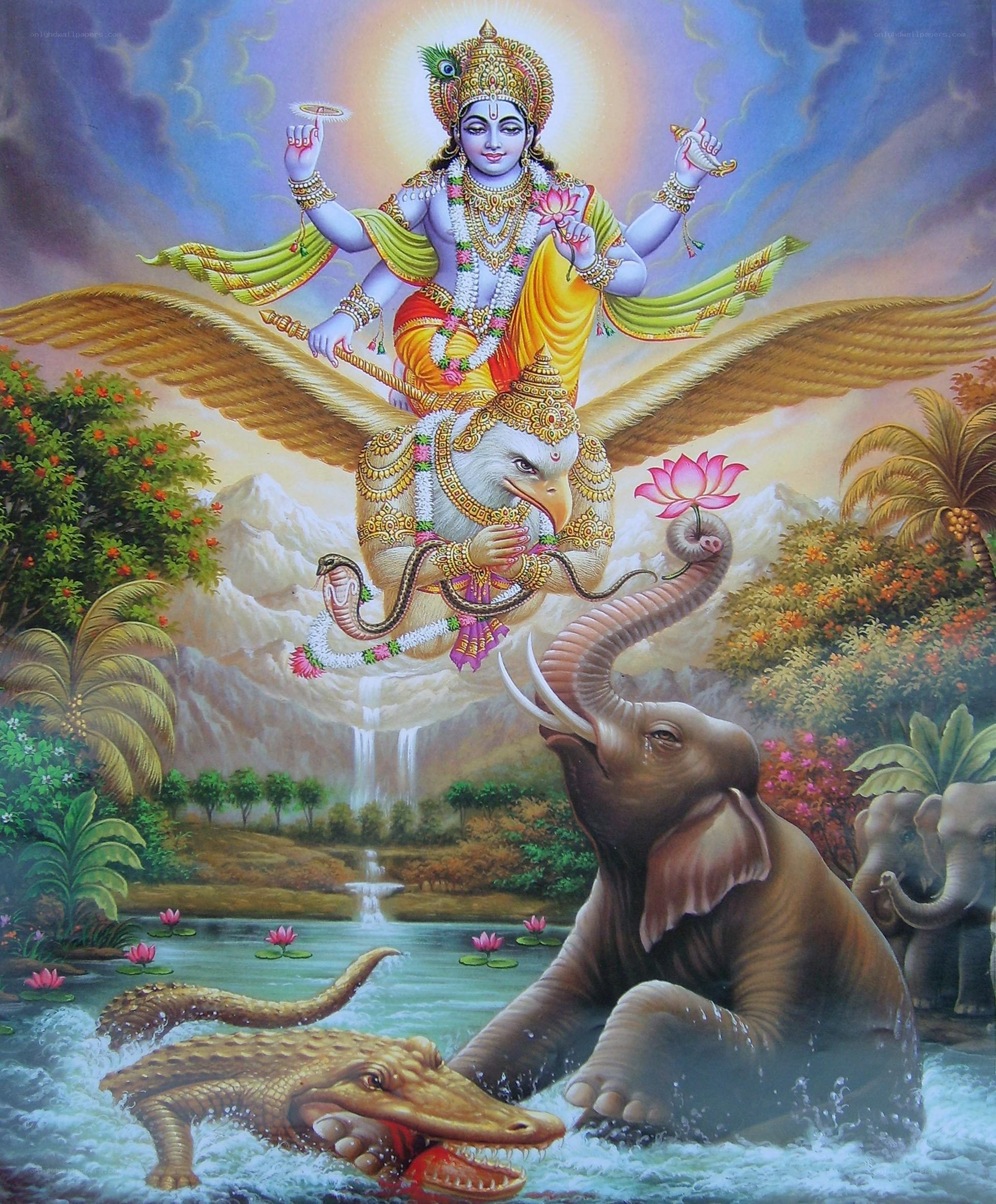 Vishnu on Garuda with elephants
