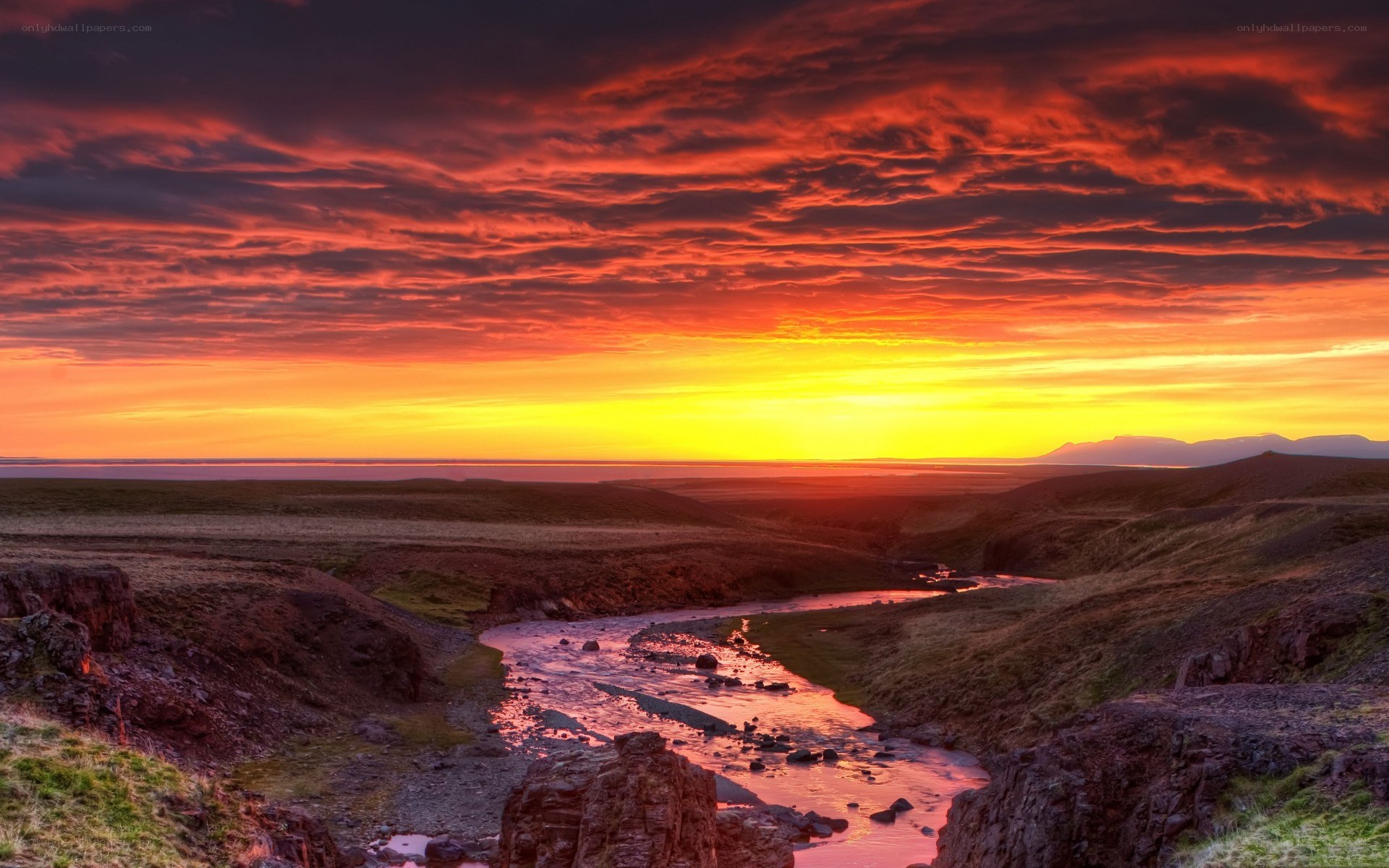 Vivid sunset over a river valley