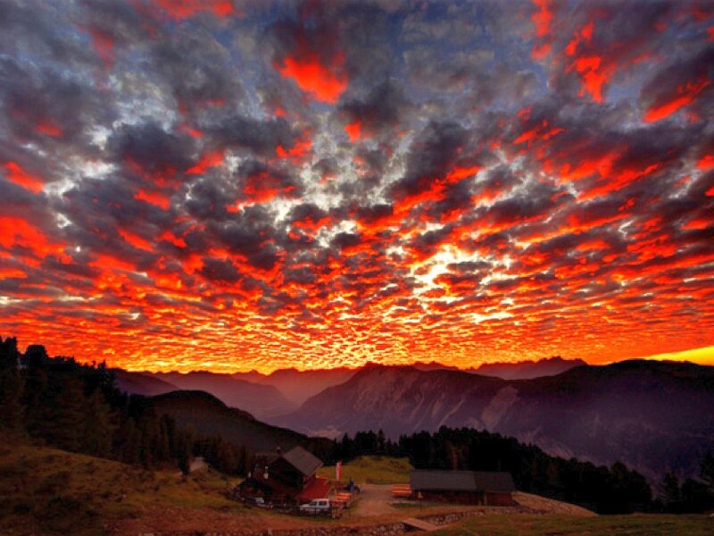 Vivid sunset over mountain village