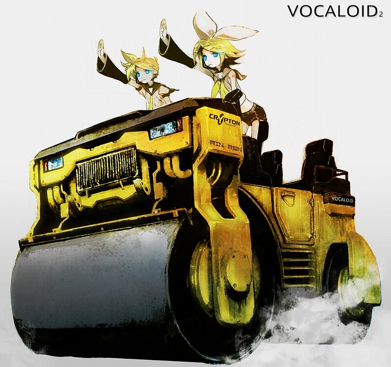 Vocaloid 2 characters on a road roller