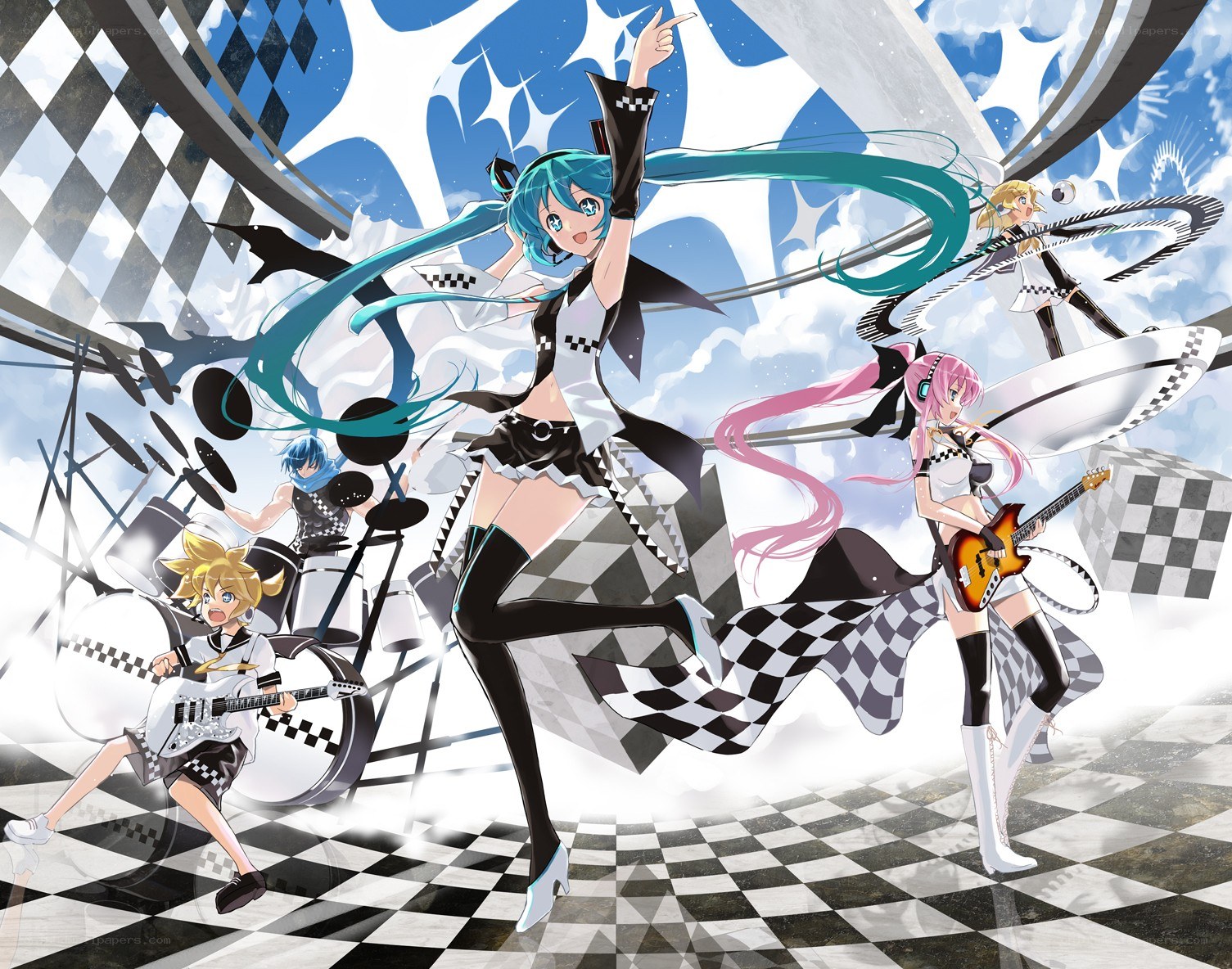 Vocaloid band performing on checkered stage