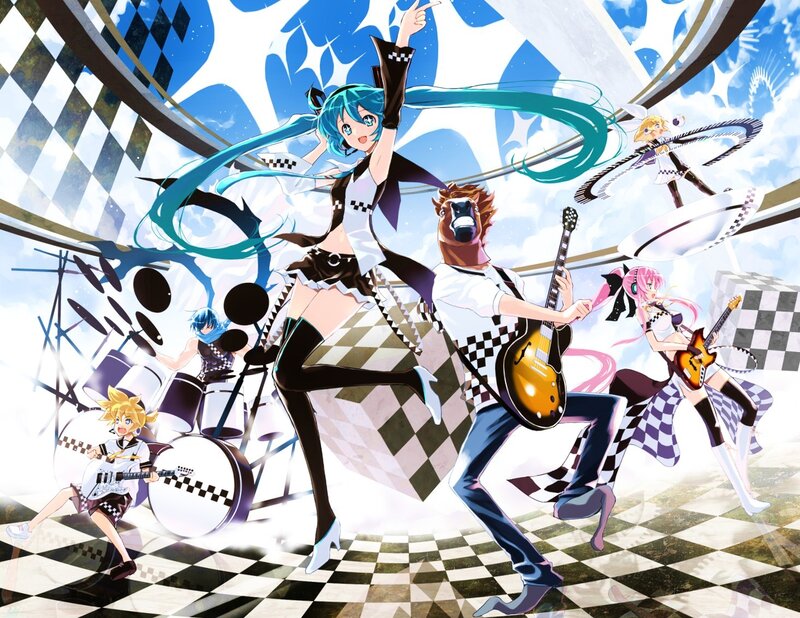 Vocaloid band performing on checkered stage