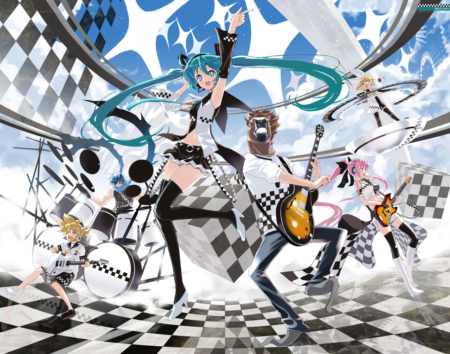 Vocaloid band performing on checkered stage