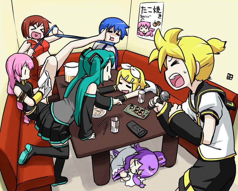 Vocaloid characters at a karaoke party