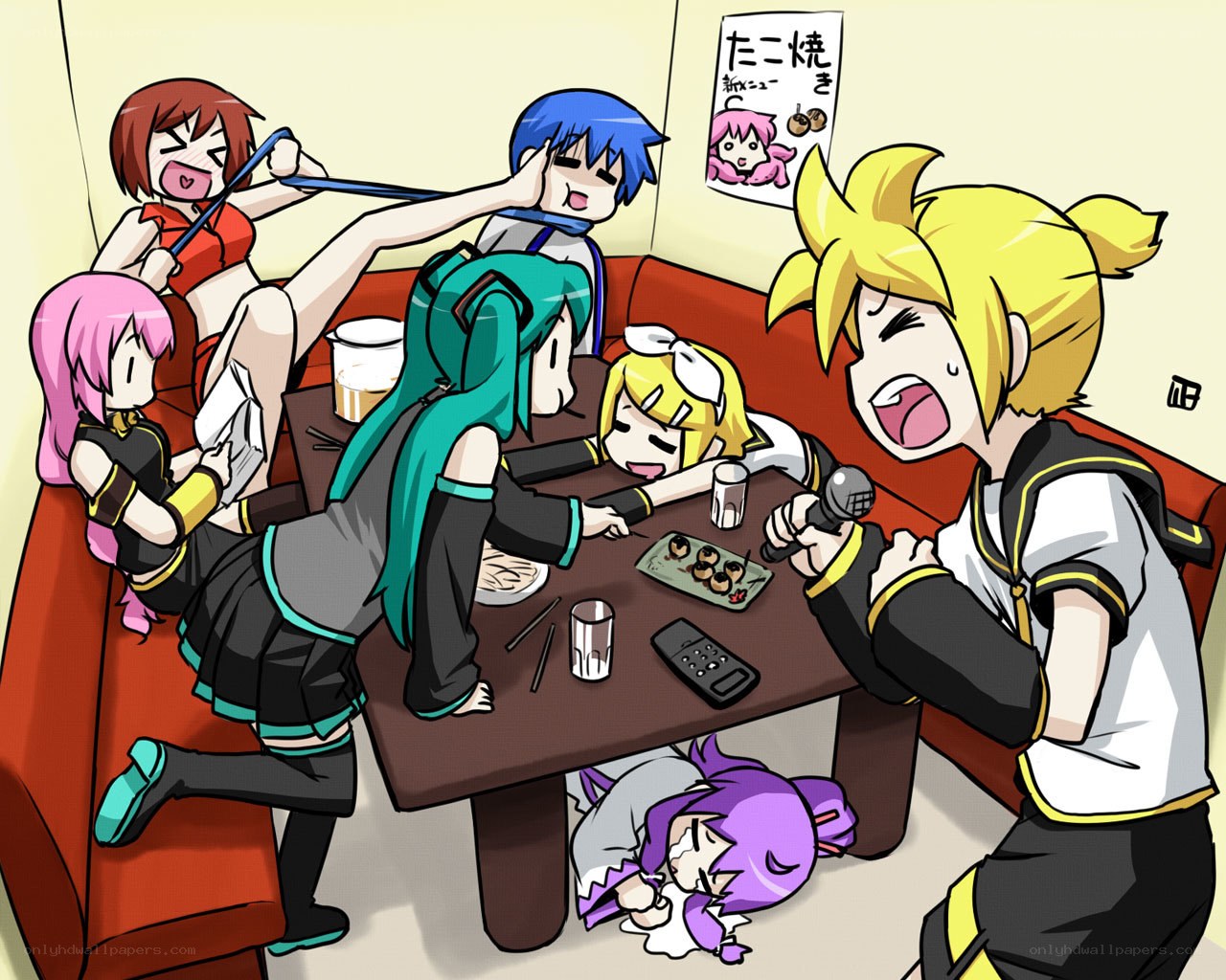 Vocaloid characters at a karaoke party