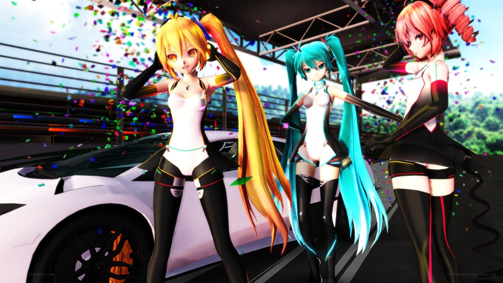 Vocaloid characters at a race track