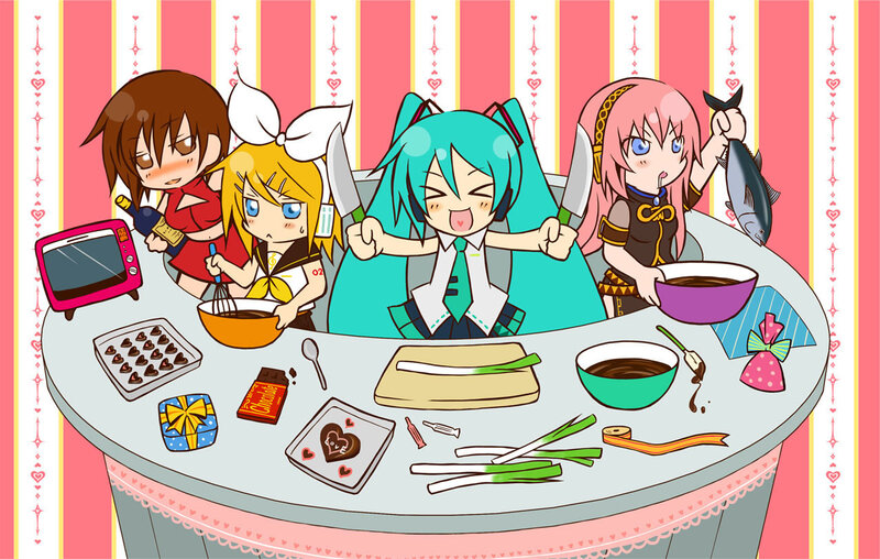 Vocaloid characters cooking together