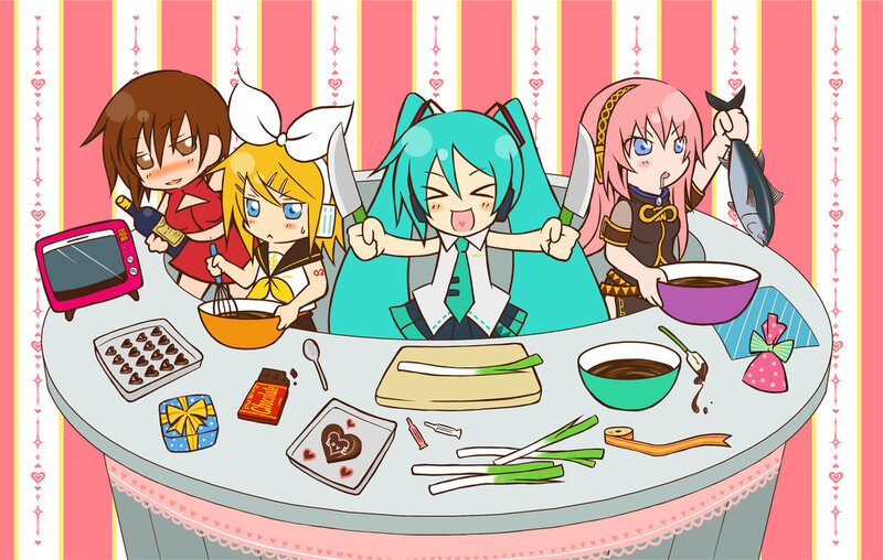 Vocaloid characters cooking together