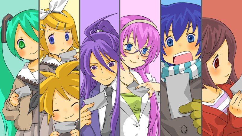 Vocaloid characters holding letters