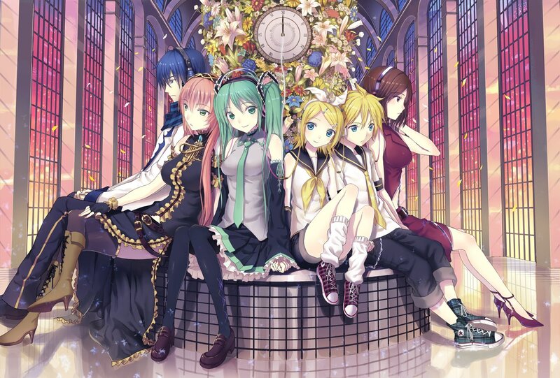 Vocaloid characters in a cathedral