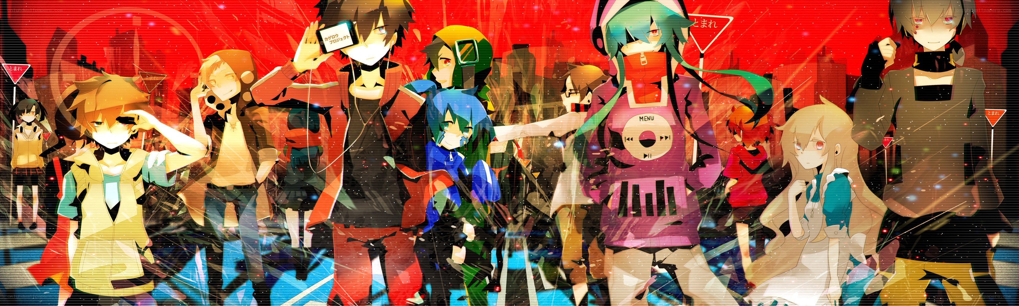 Vocaloid characters in a city scene