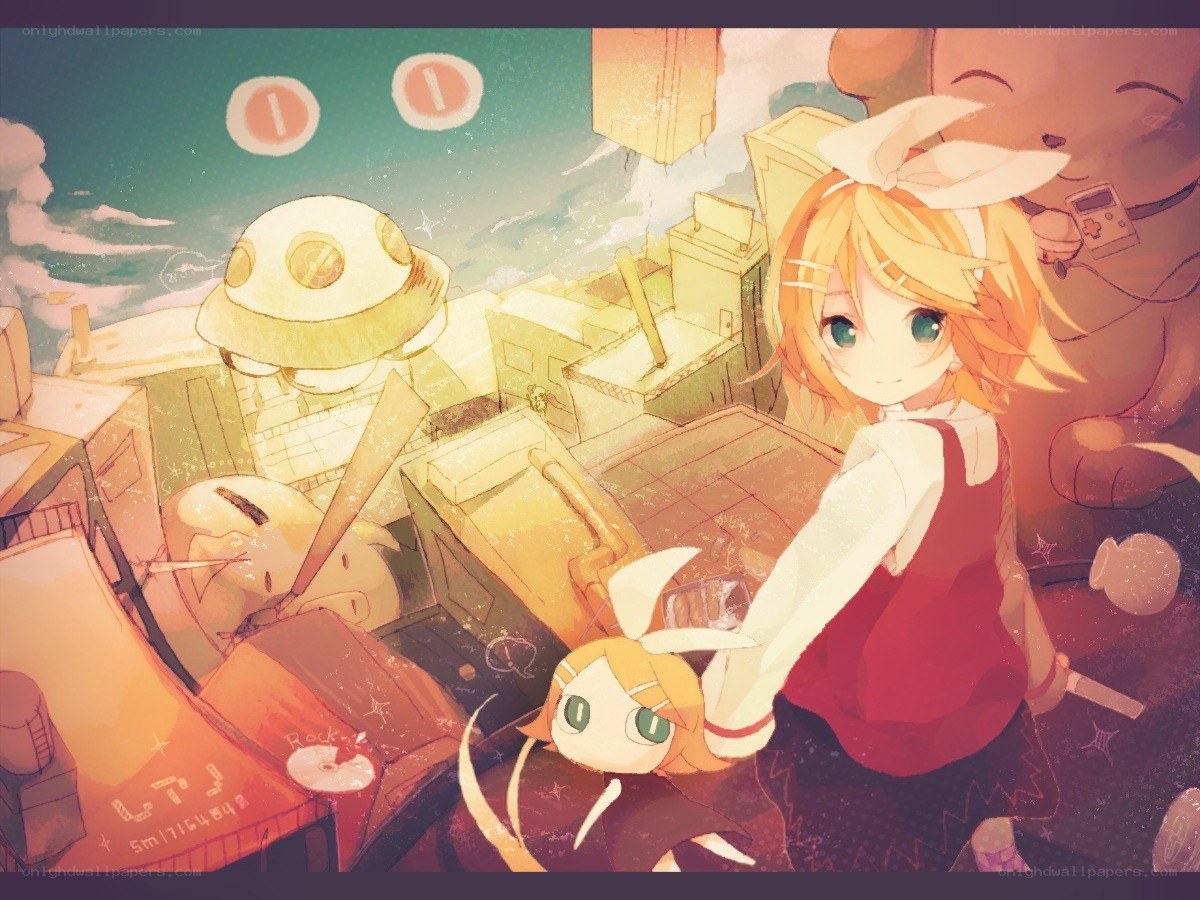 Vocaloid characters in a cityscape