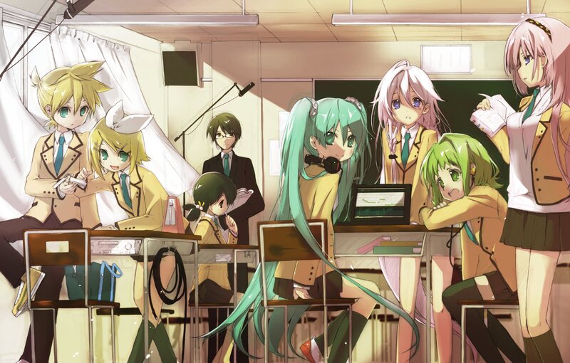 Vocaloid characters in a classroom