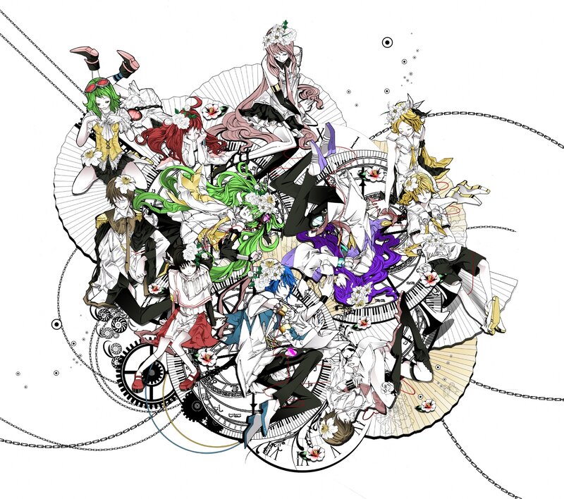 Vocaloid characters in a clockwork scene