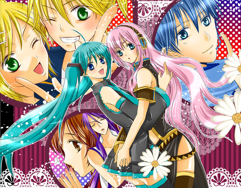 Vocaloid characters in a colorful scene