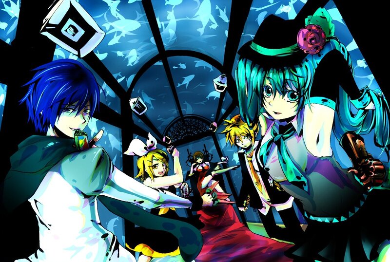 Vocaloid characters in a dark room