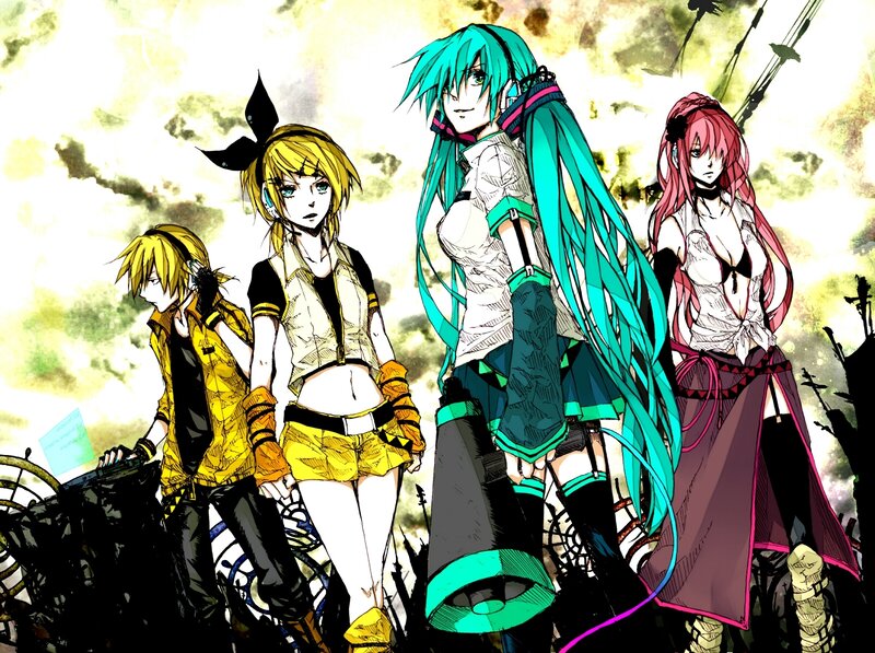 Vocaloid characters in a dramatic scene
