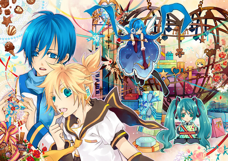 Vocaloid characters in a festive scene