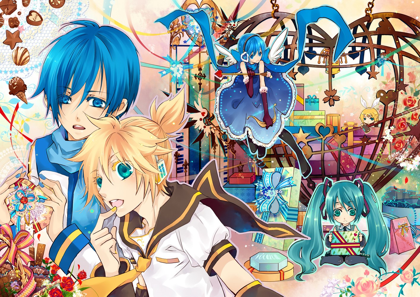 Vocaloid characters in a festive scene