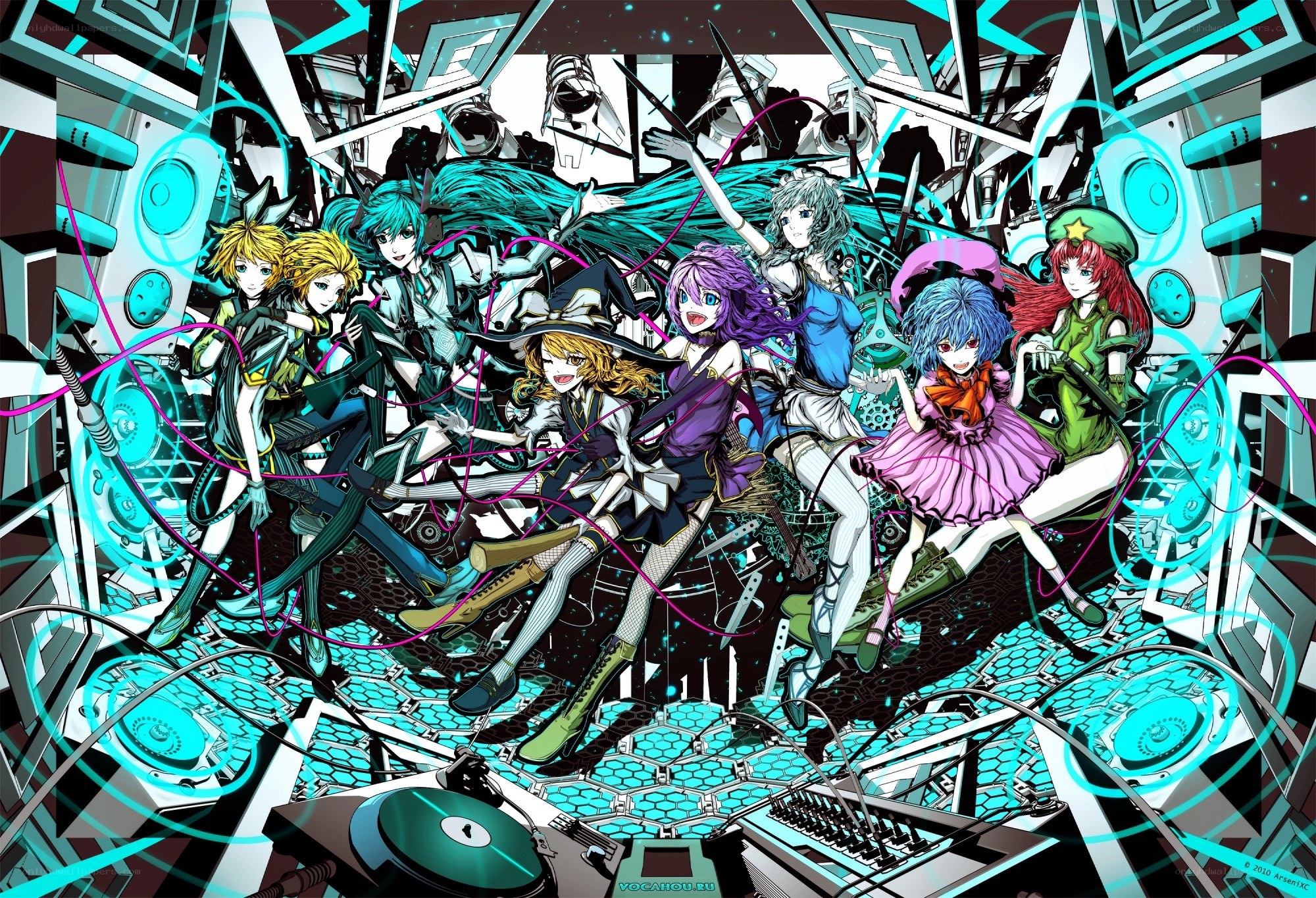 Vocaloid characters in a futuristic setting